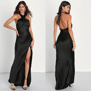 Lulu's Start of Forever Black Satin Halter Mermaid Maxi Dress